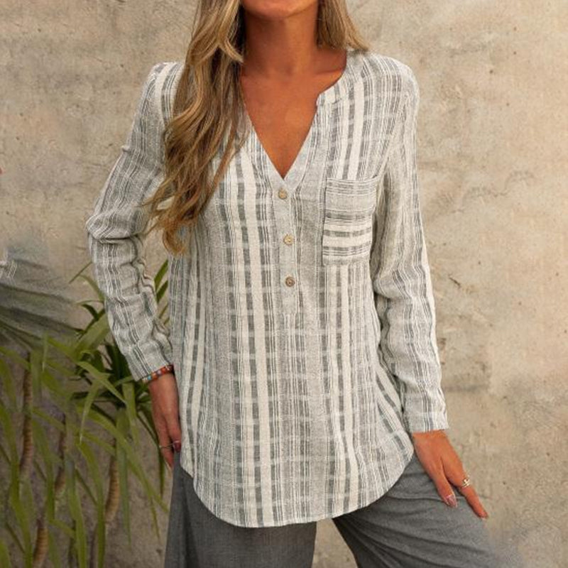 Belinda - V-hals Stribet sommerbluse med lange ærmer