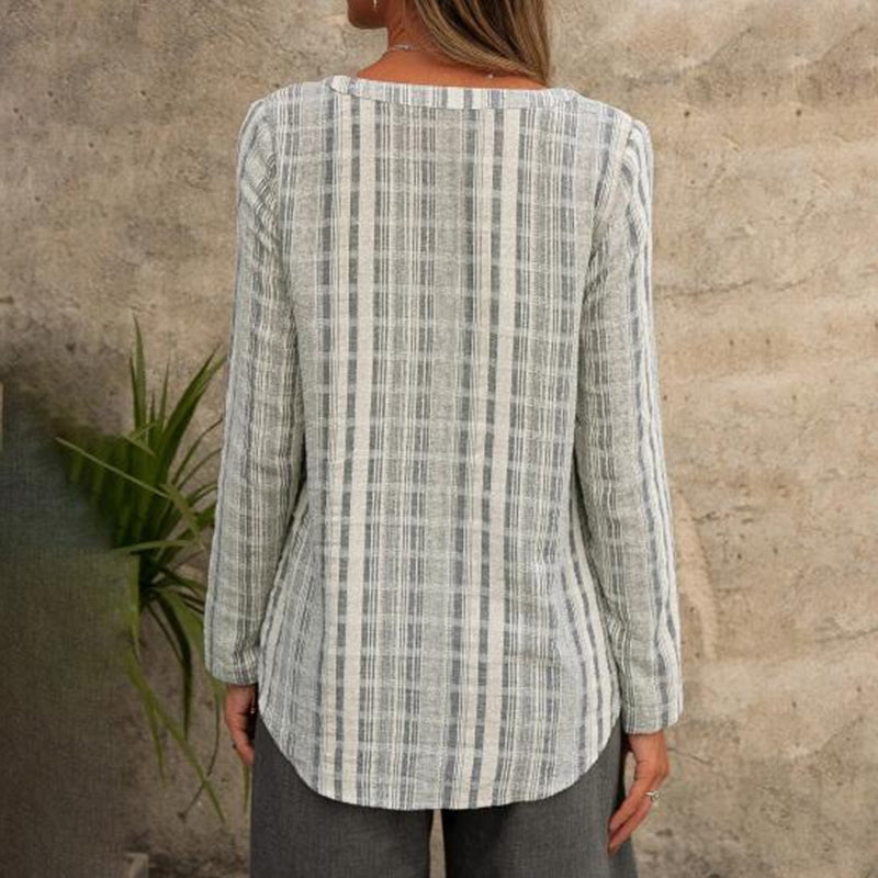 Belinda - V-hals Stribet sommerbluse med lange ærmer