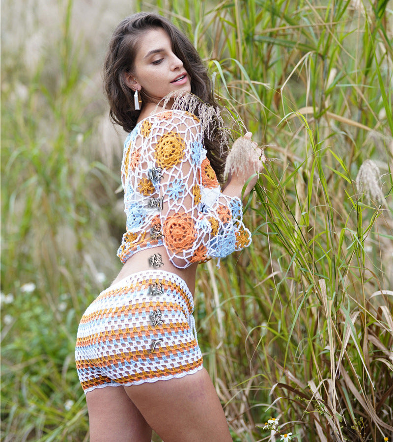 Linda - Stof håndlavet strikket stribet strand outfit sæt