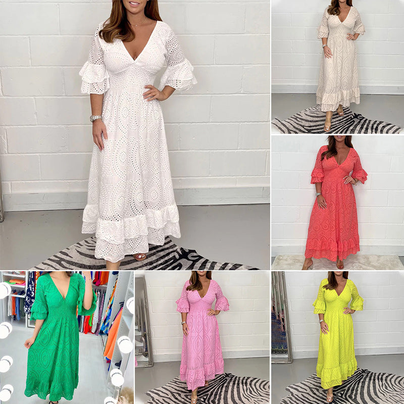 Rebecca - Broderet midikjole med flæseærmer