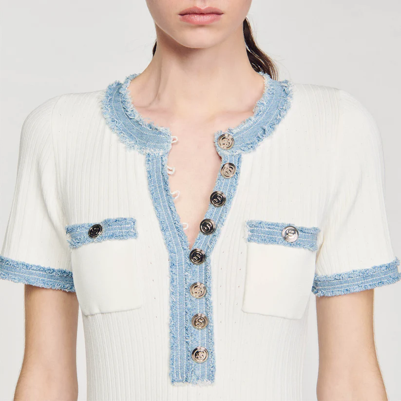 Billie - Denim patchwork-knapstrikket kjole