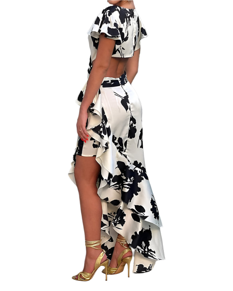 Marcy - Printet kjole med V-udskæring og flæsede ærmer