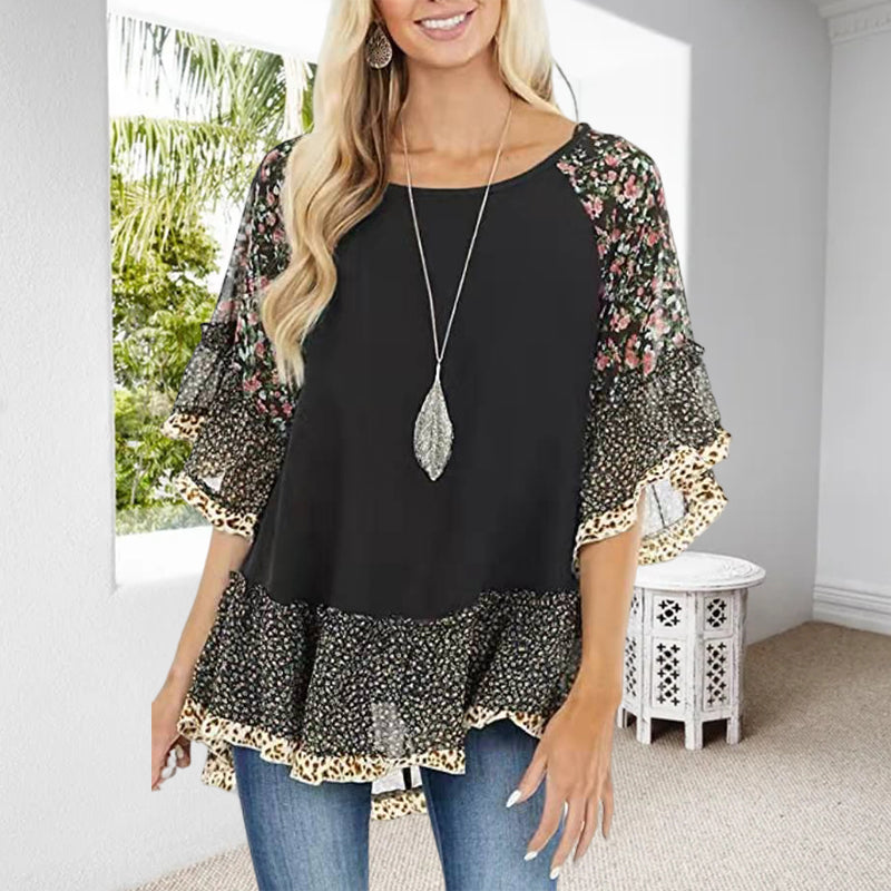 Clarissa - T-shirt med mellemærmer, colourblock leopardprint på dukkeærmer