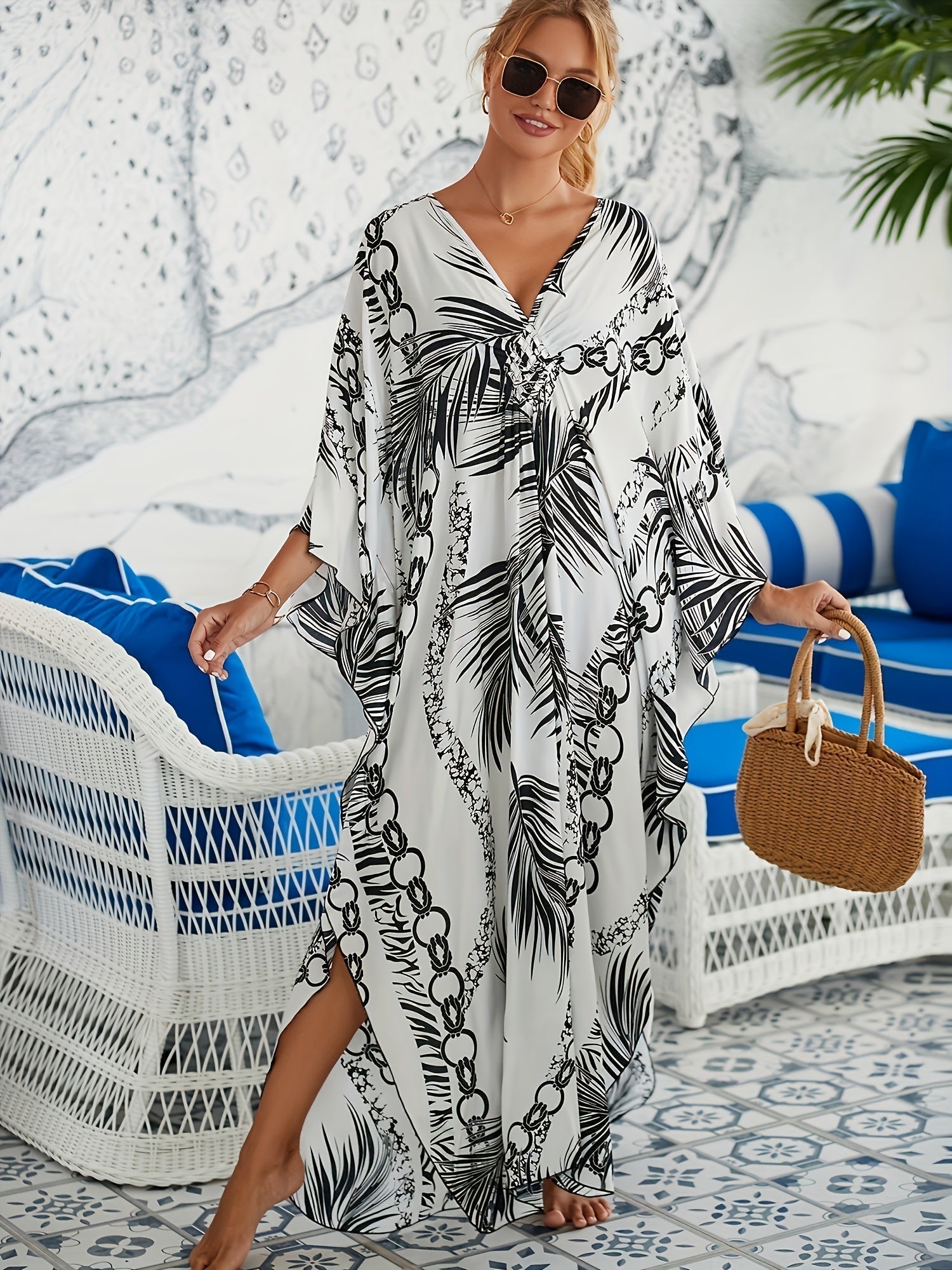 Hannah – Kaftan-kjole med tropisk palmetryk