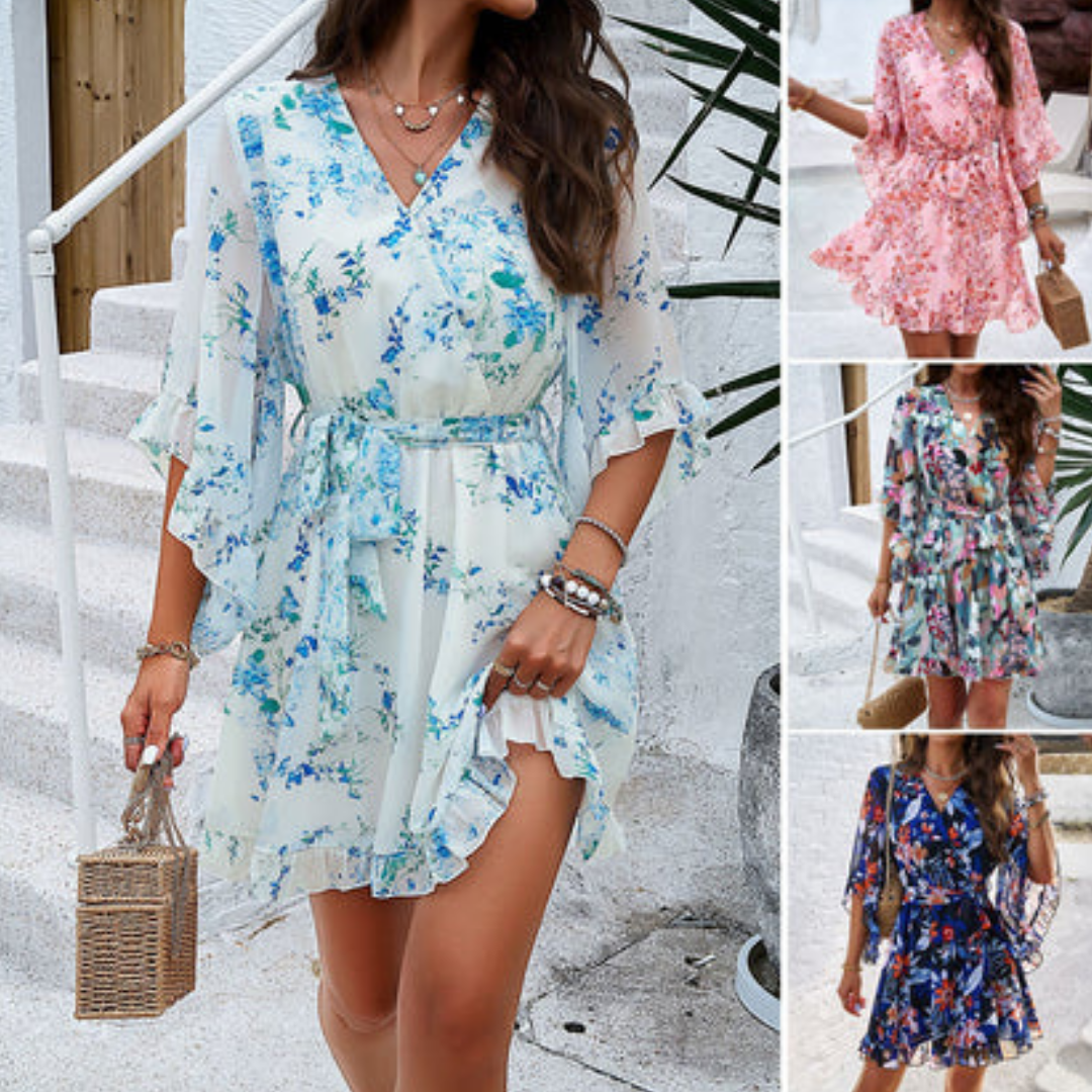 Loraine - Blomster V-hals Bell Sleeve Mini Kjole til kvinder