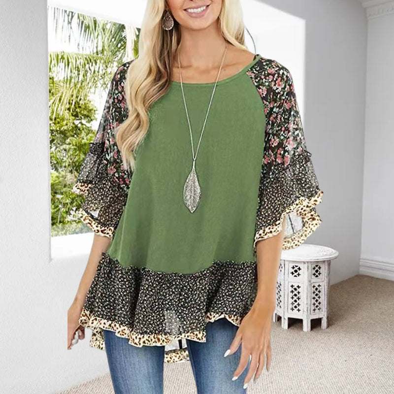 Clarissa - T-shirt med mellemærmer, colourblock leopardprint på dukkeærmer