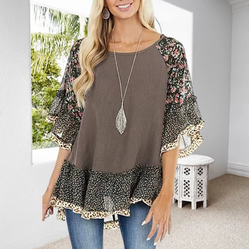 Clarissa - T-shirt med mellemærmer, colourblock leopardprint på dukkeærmer