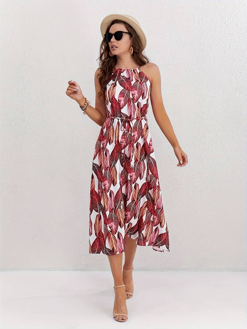 Esther - Halterneck strandkjole med bladtryk