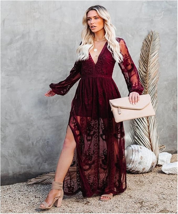 Olive - Chic dyb V-hals langærmet maxikjole