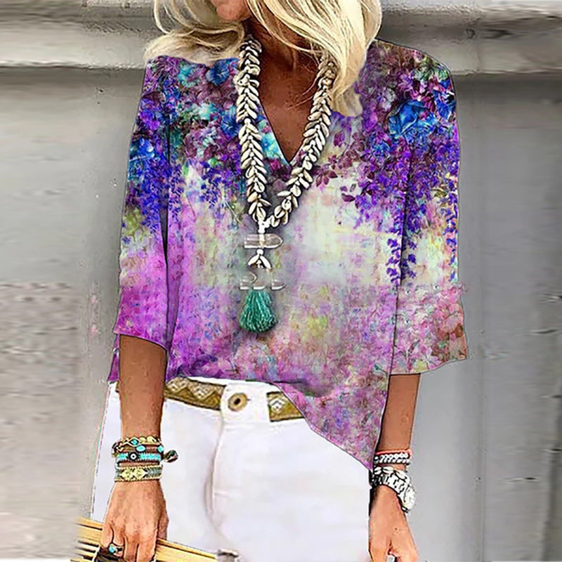 Harper - Printet bluse med V-hals