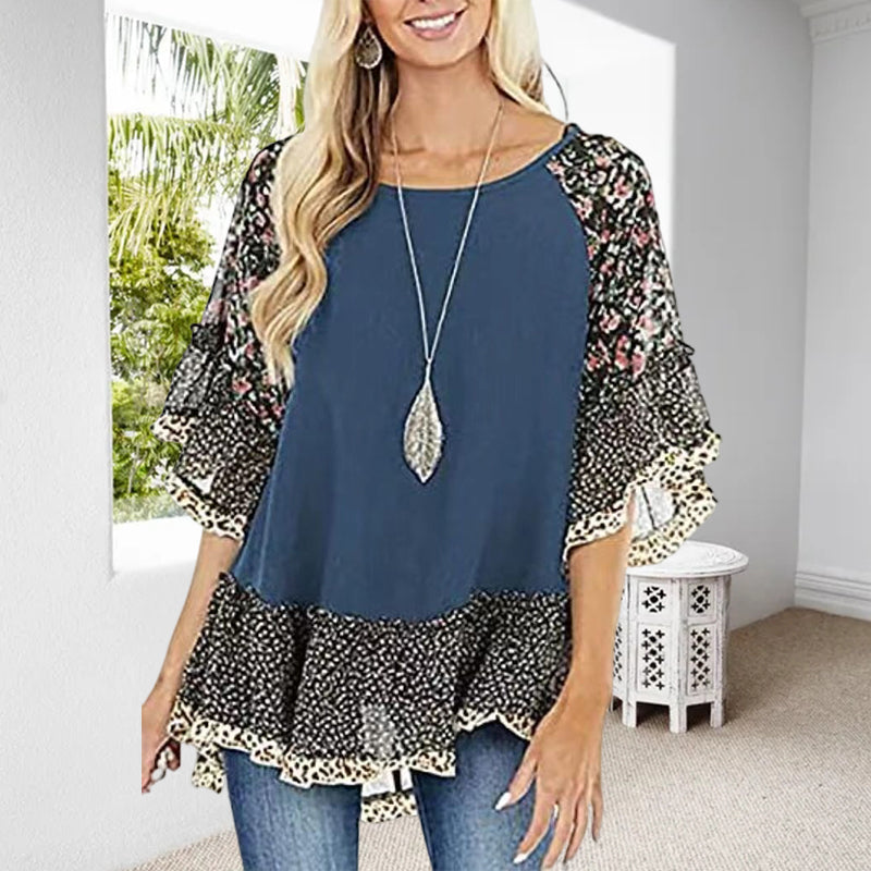 Clarissa - T-shirt med mellemærmer, colourblock leopardprint på dukkeærmer