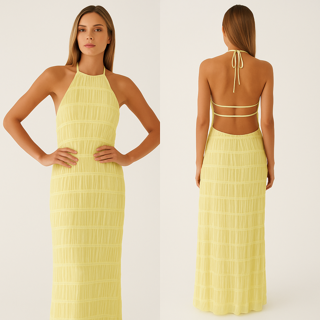 Vera - Rygløs lang kjole med patchwork-detaljer