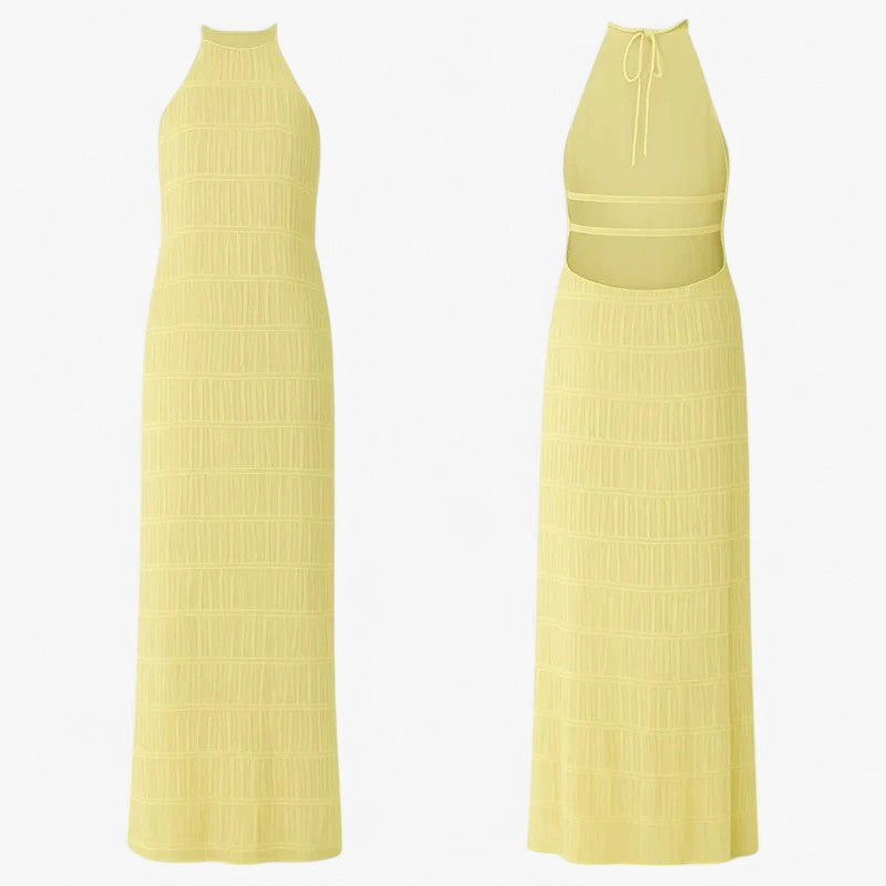 Vera - Rygløs lang kjole med patchwork-detaljer