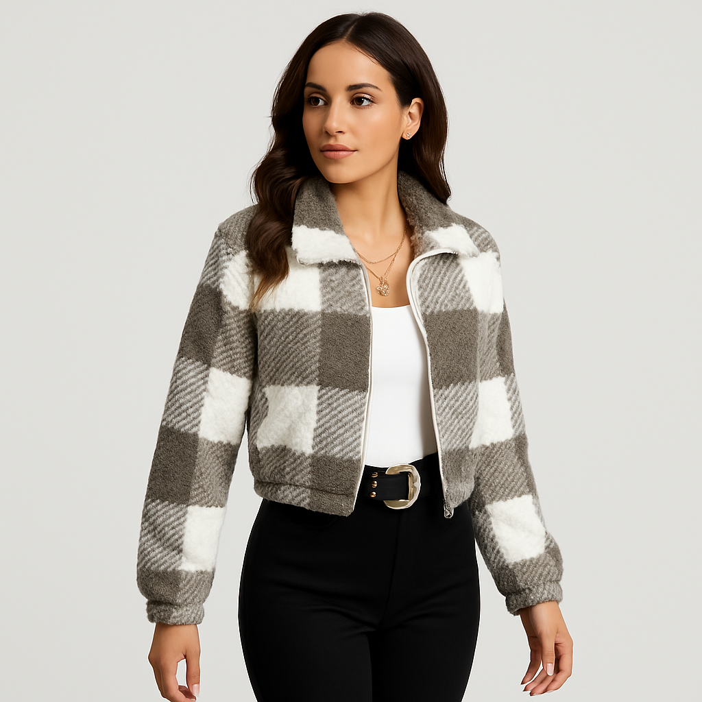 Sabine | Damejakke med ternet teddyfleece, lynlås og lange ærmer