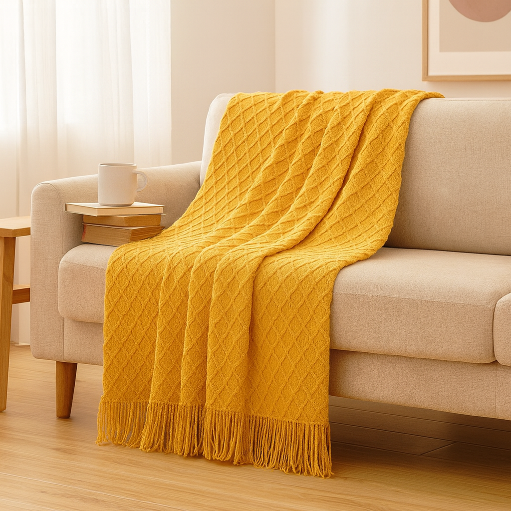 Blødt, hyggeligt tæppe i vintagestil med geometrisk mønster til sofa og seng