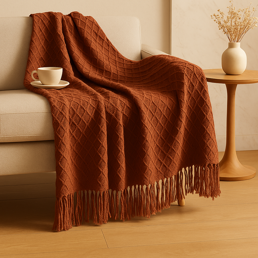 Blødt, hyggeligt tæppe i vintagestil med geometrisk mønster til sofa og seng