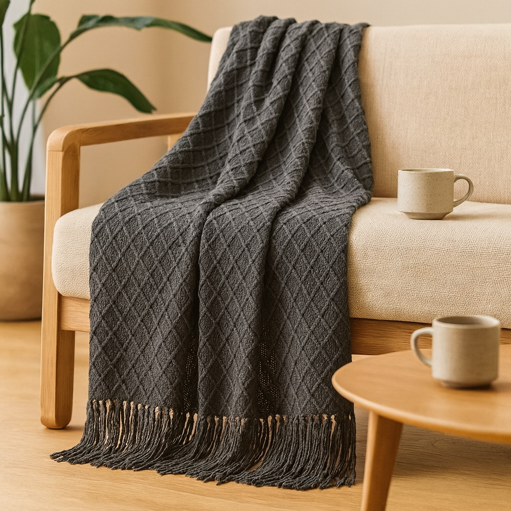 Blødt, hyggeligt tæppe i vintagestil med geometrisk mønster til sofa og seng