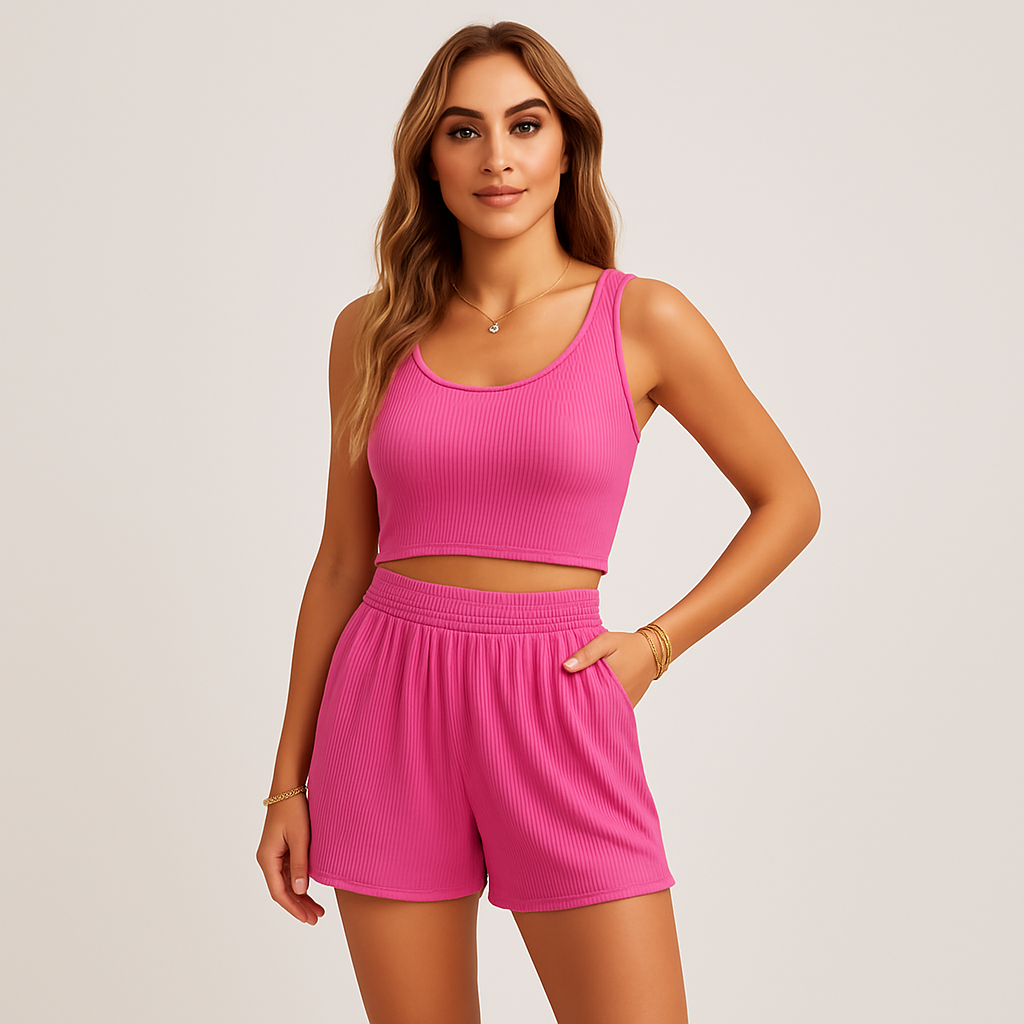Damesæt med ribbet camisole og shorts - afslappet 2-delt lounge-outfit