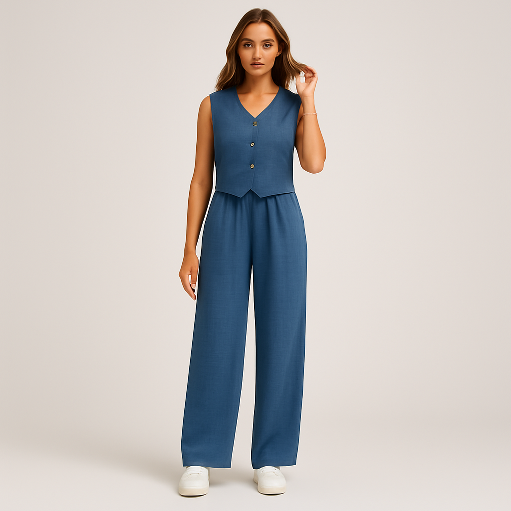 Elegant 2-delt sæt til kvinder – ærmeløs top med V-hals og matchende ensfarvede bukser