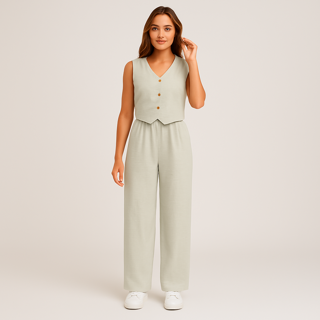 Elegant 2-delt sæt til kvinder – ærmeløs top med V-hals og matchende ensfarvede bukser