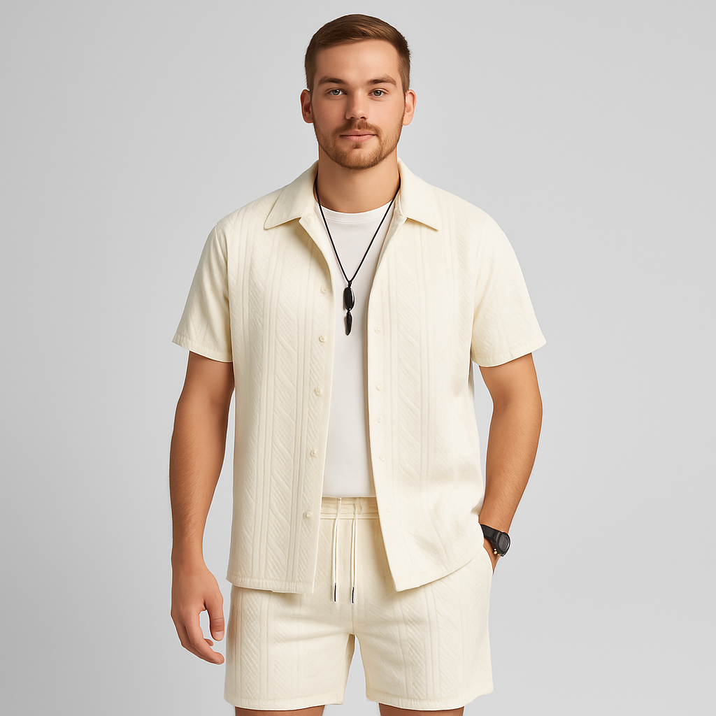 Herresæt i jacquardstrik med 2 dele – kortærmet skjorte og shorts i ensfarvet, premium casual outfit