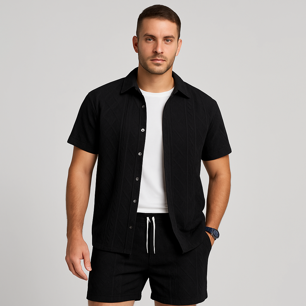 Herresæt i jacquardstrik med 2 dele – kortærmet skjorte og shorts i ensfarvet, premium casual outfit