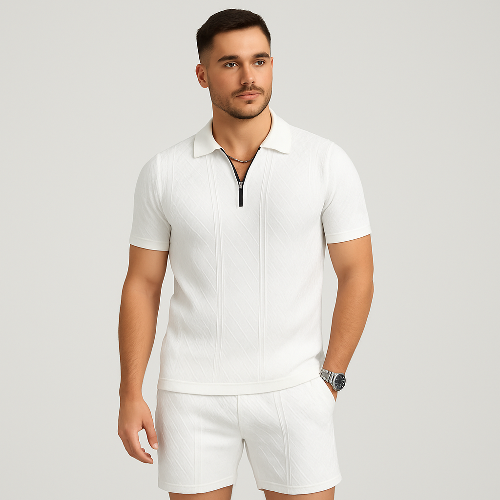 Sporty 2-delt herresæt – åndbar, hurtigttørrende vendbar skjorte og jacquardshorts