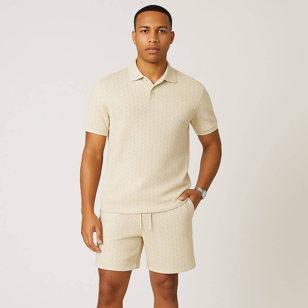 Herresæt i jacquardstrik med 2 dele – kortærmet top med krave og ensfarvede shorts