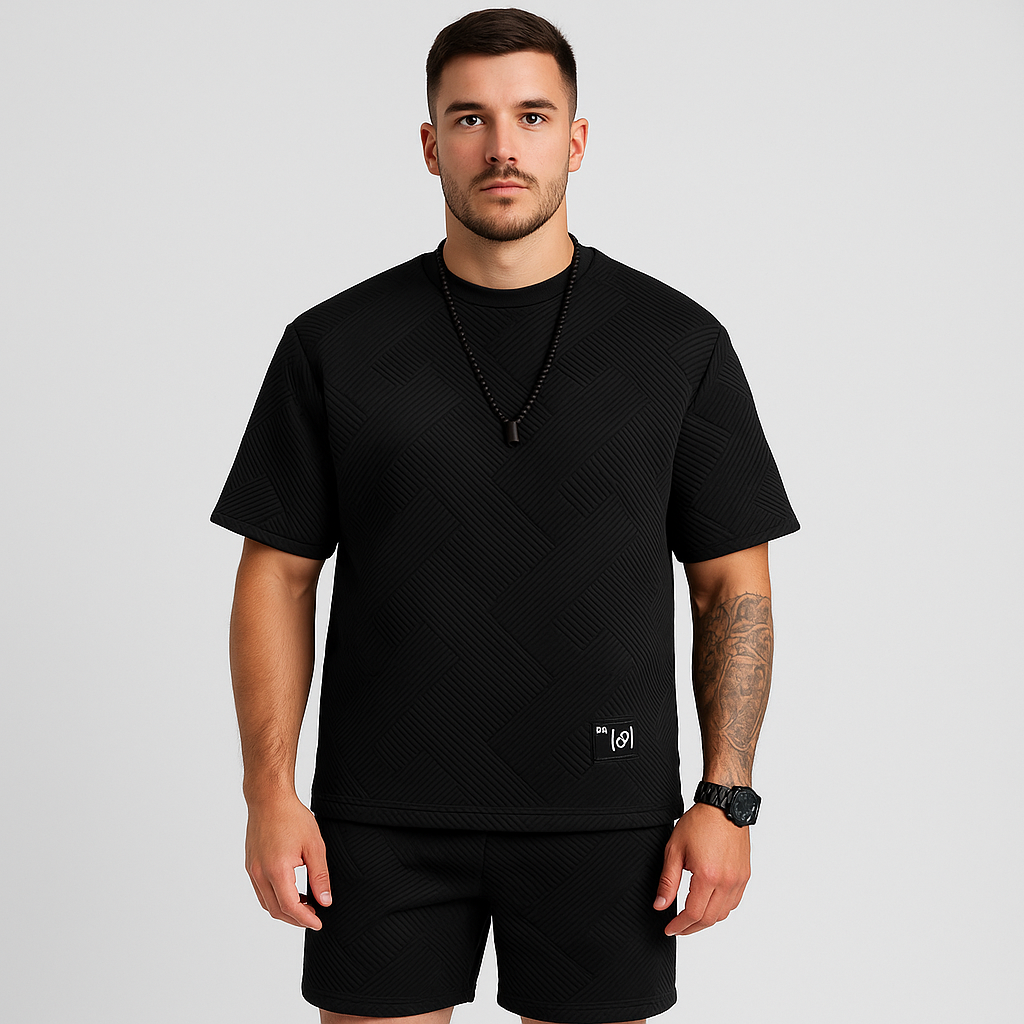 Herresæt med 2 dele – kortærmet top med rund hals og matchende jacquardshorts