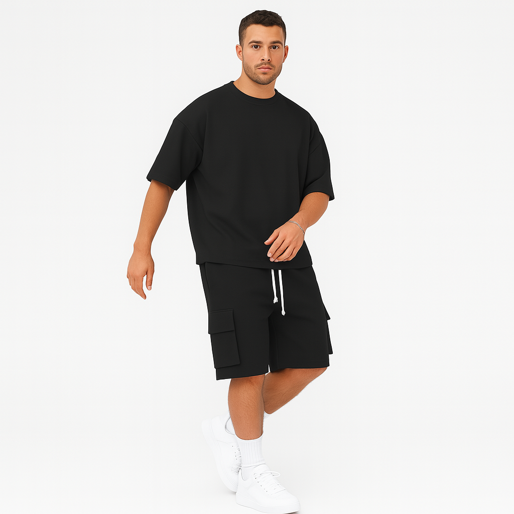 Herre sportstøjsæt – åndbar polyester t-shirt og shorts med rund hals, snøre og lommer