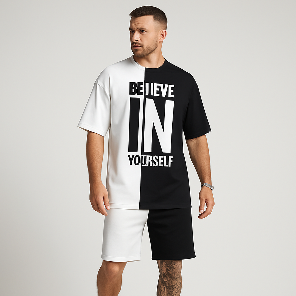 Motivationssæt til mænd med farveblokke – “Tro på dig selv” T-shirt og matchende shorts