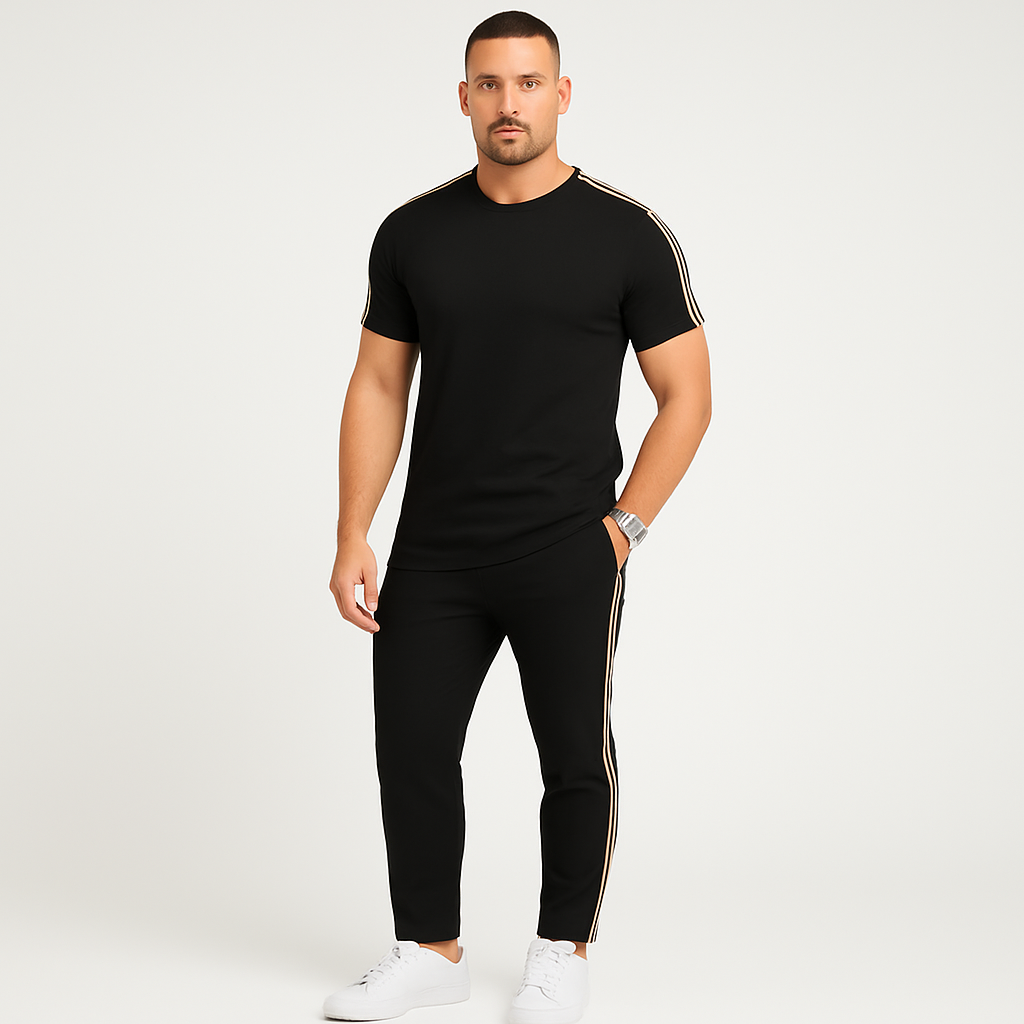 Retro streetwear-sæt til mænd – løs pasform t-shirt med sidestriber og matchende bukser