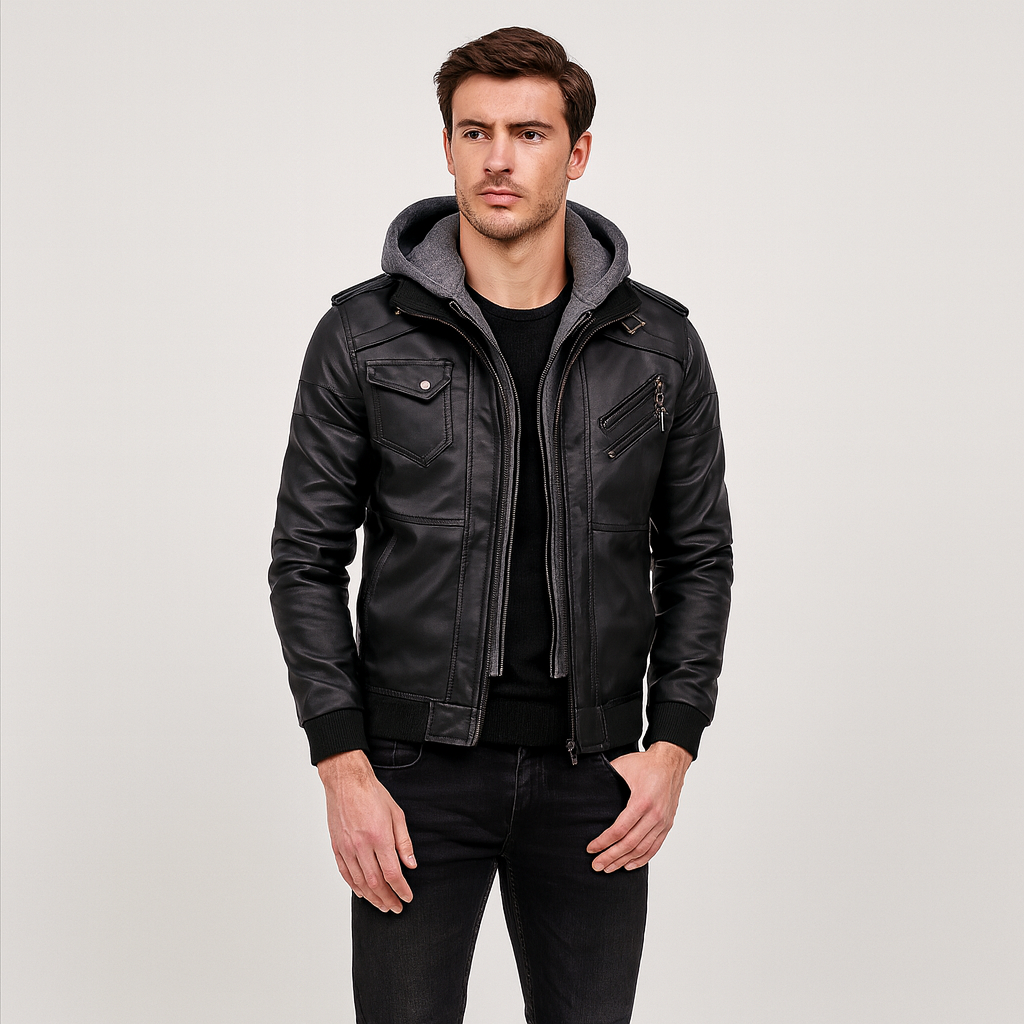 Anders | Afslappet læderjakke med hætte til mænd