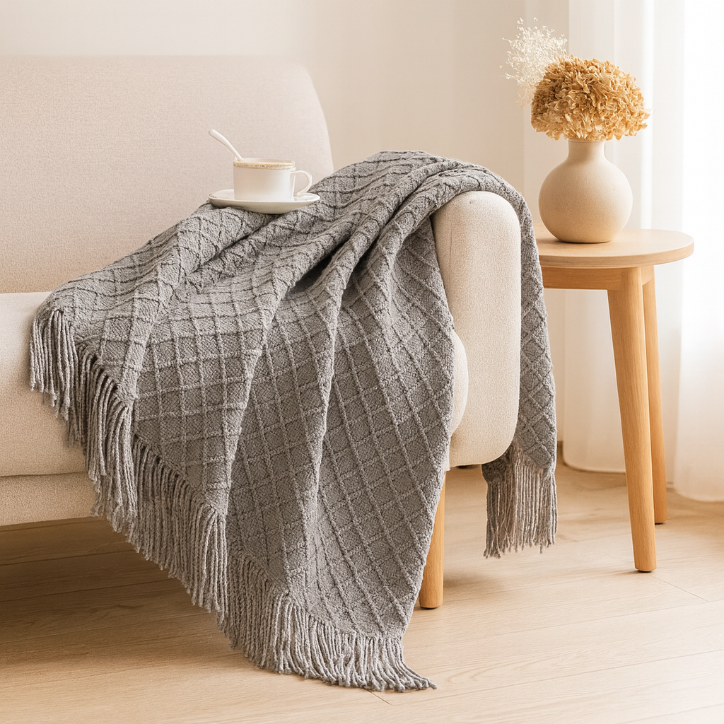 Blødt, hyggeligt tæppe i vintagestil med geometrisk mønster til sofa og seng