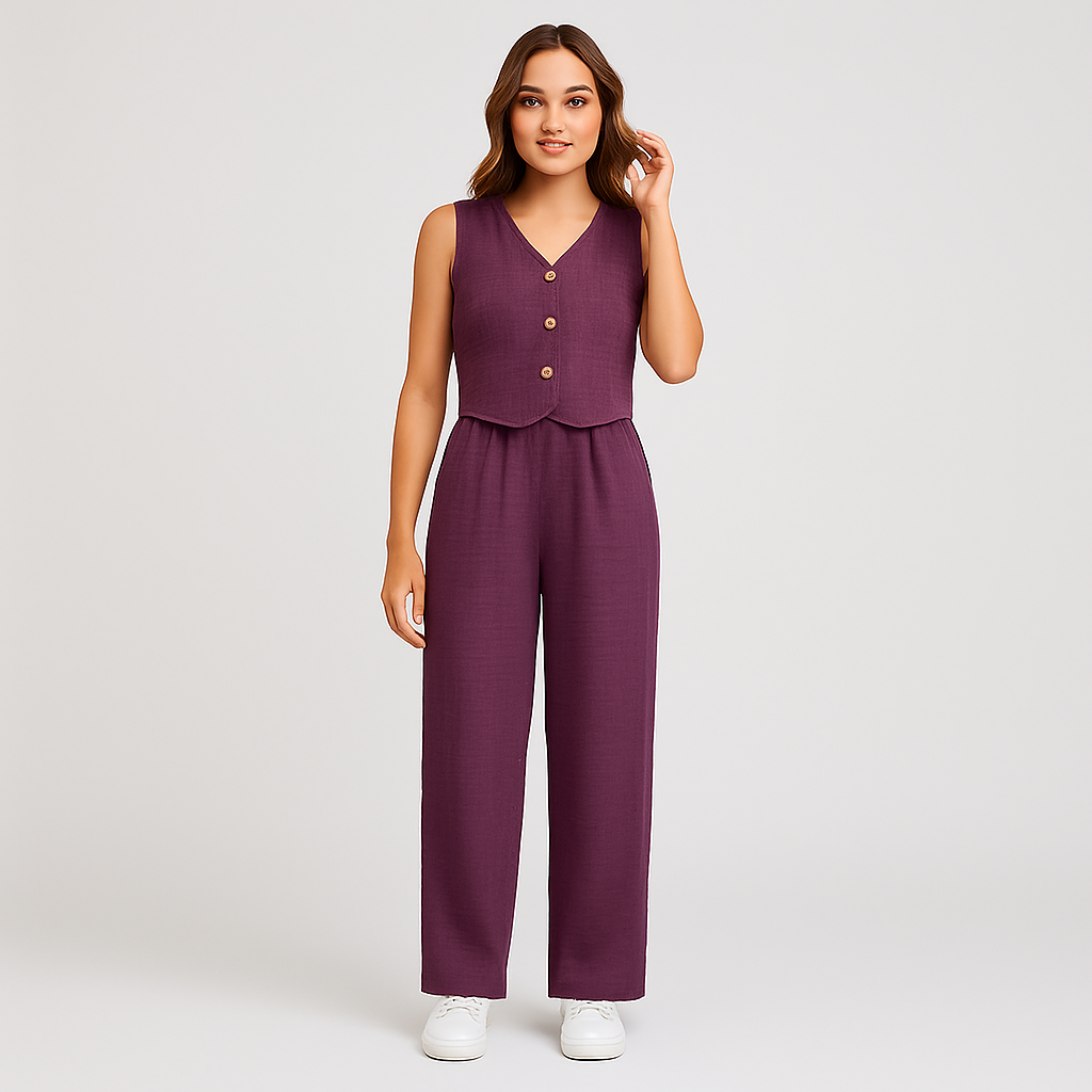 Elegant 2-delt sæt til kvinder – ærmeløs top med V-hals og matchende ensfarvede bukser