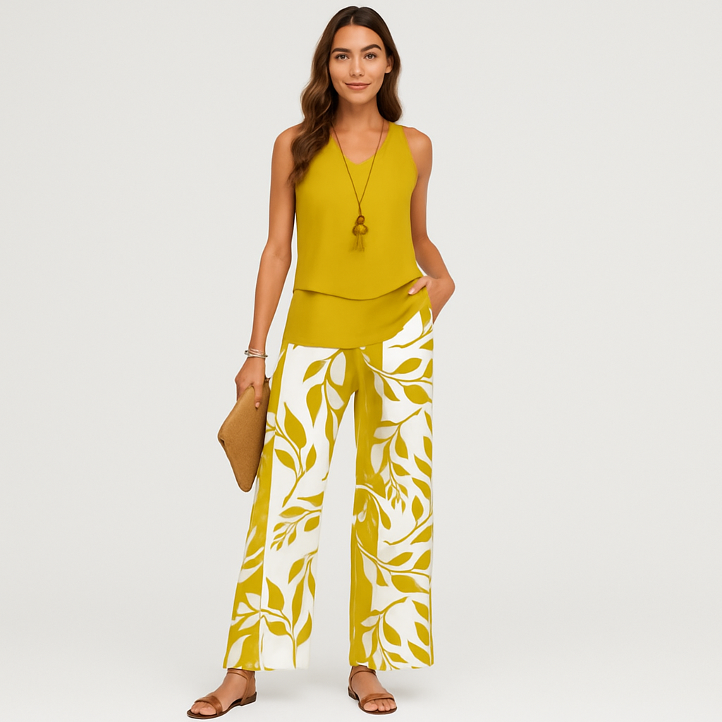 Afslappet 2-delt sæt til kvinder – Ensfarvet ærmeløs top og blomstrede bukser med vide ben