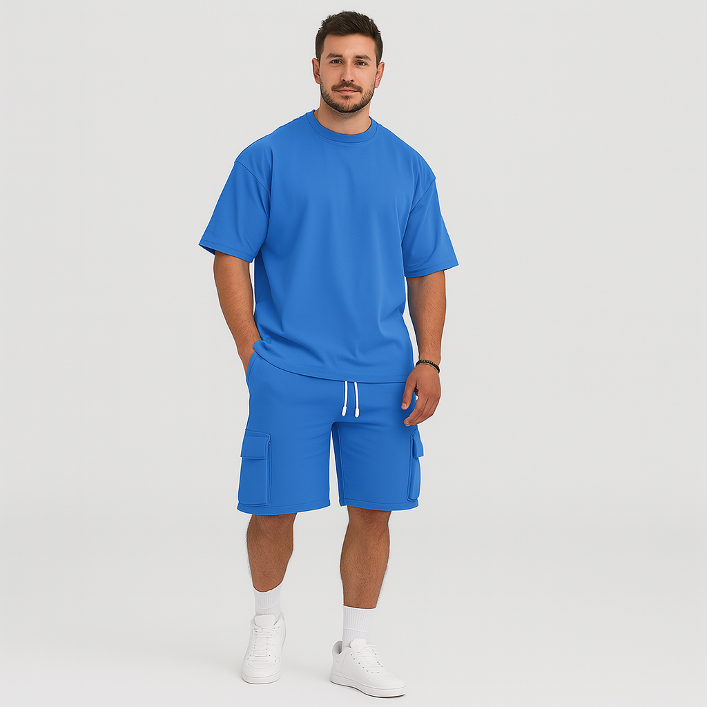 Herre sportstøjsæt – åndbar polyester t-shirt og shorts med rund hals, snøre og lommer