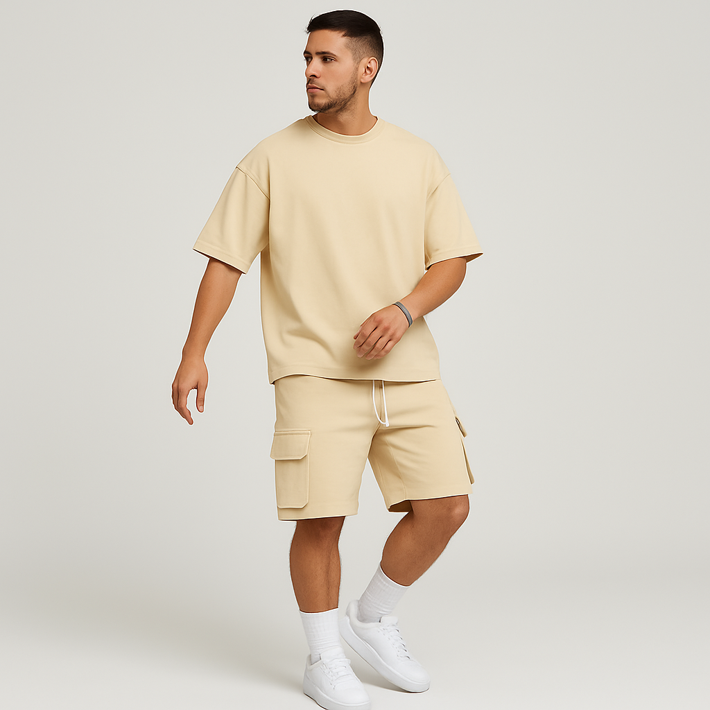 Herre sportstøjsæt – åndbar polyester t-shirt og shorts med rund hals, snøre og lommer