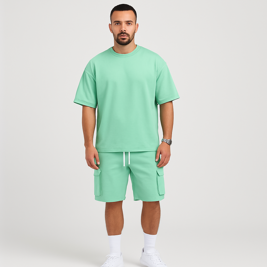 Herre sportstøjsæt – åndbar polyester t-shirt og shorts med rund hals, snøre og lommer