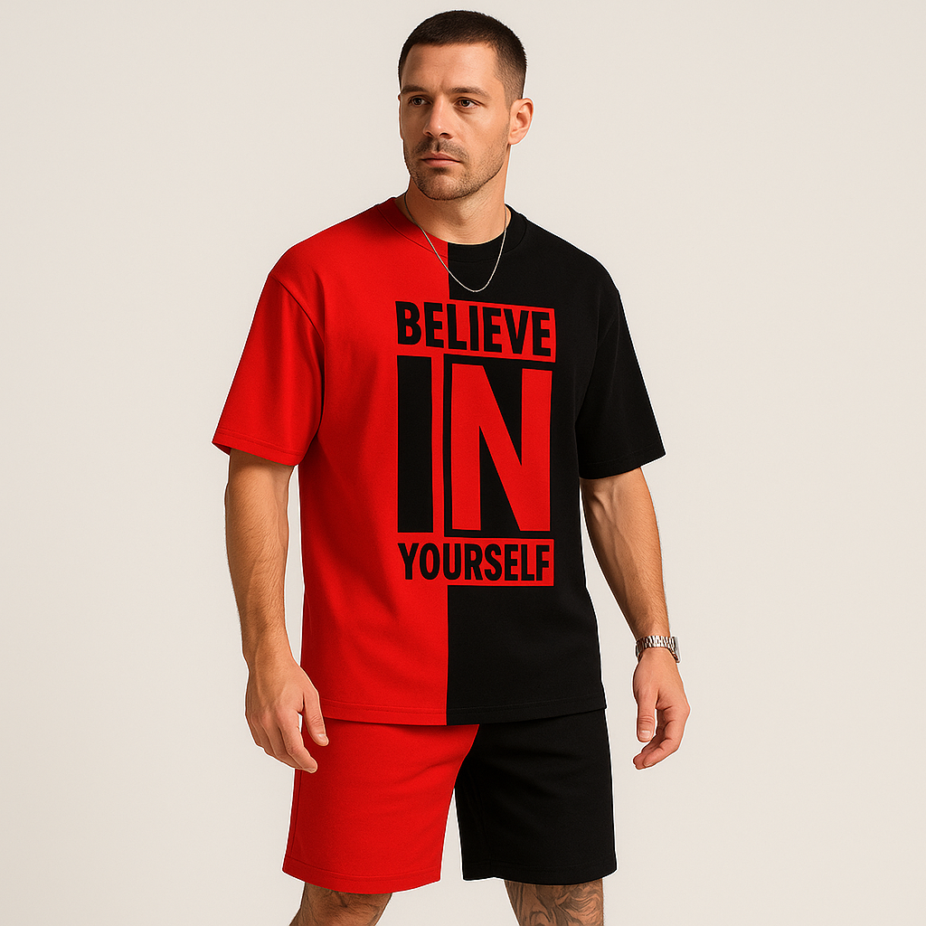 Motivationssæt til mænd med farveblokke – “Tro på dig selv” T-shirt og matchende shorts