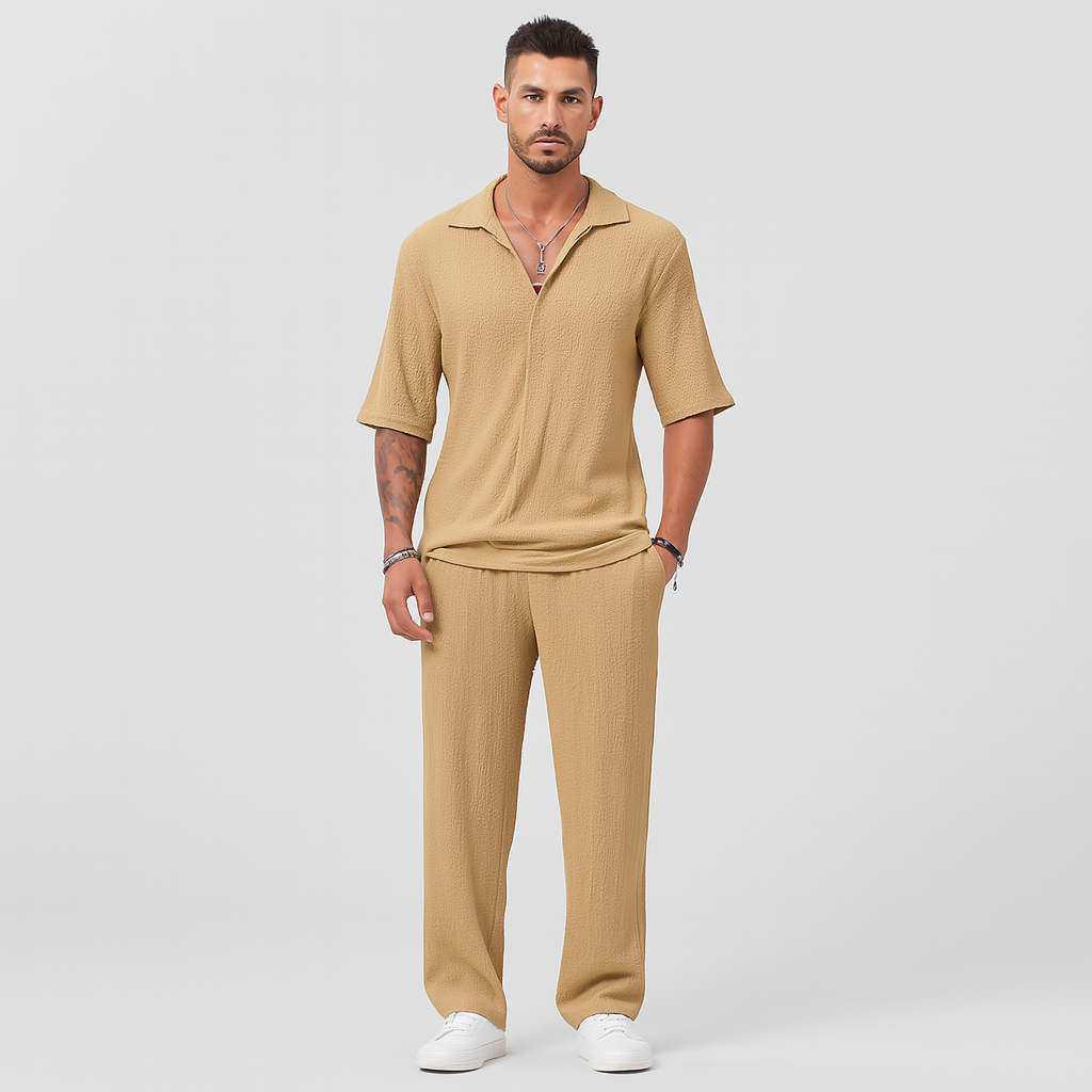 Herrejakkesæt i to dele – stilfuldt afslappet outfit med langærmet skjorte og matchende bukser