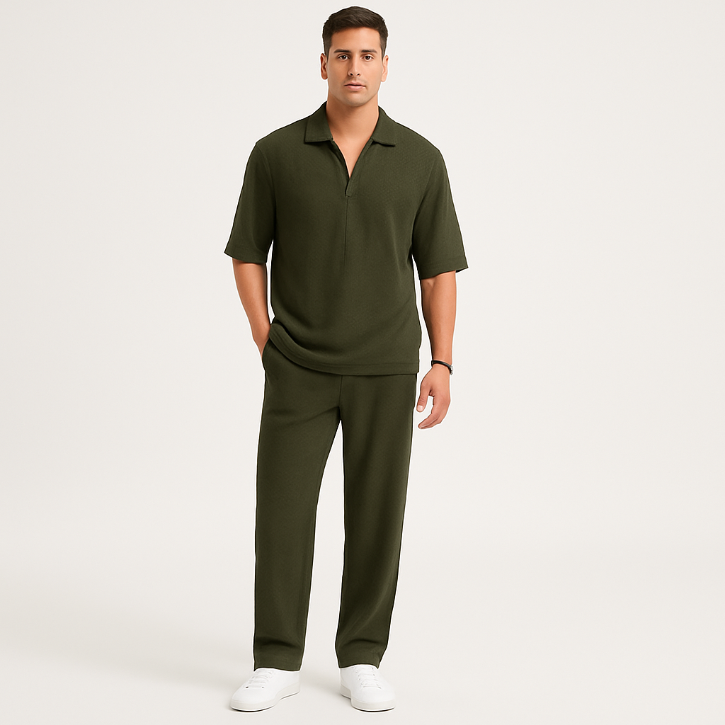 Herrejakkesæt i to dele – stilfuldt afslappet outfit med langærmet skjorte og matchende bukser