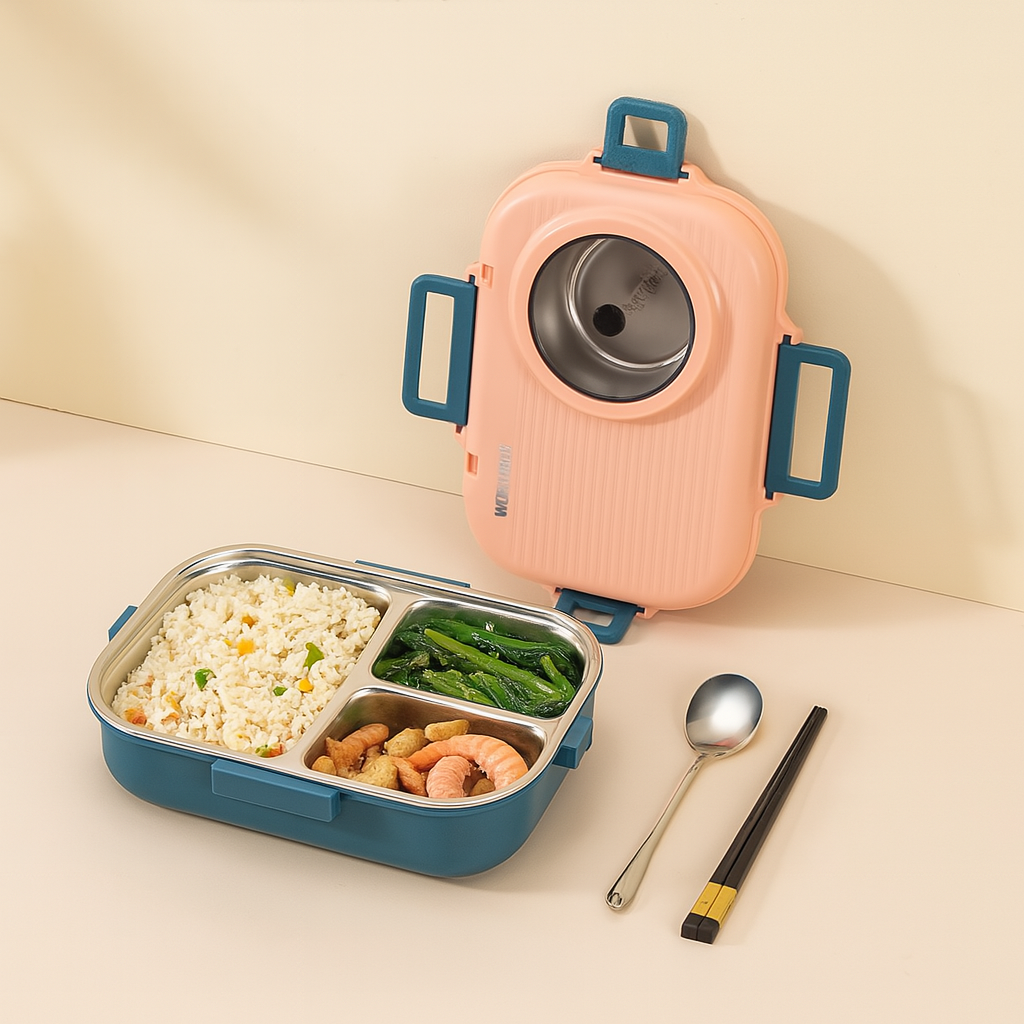 Madkasse i Rustfrit Stål – 3 Rum & Lækagesikker