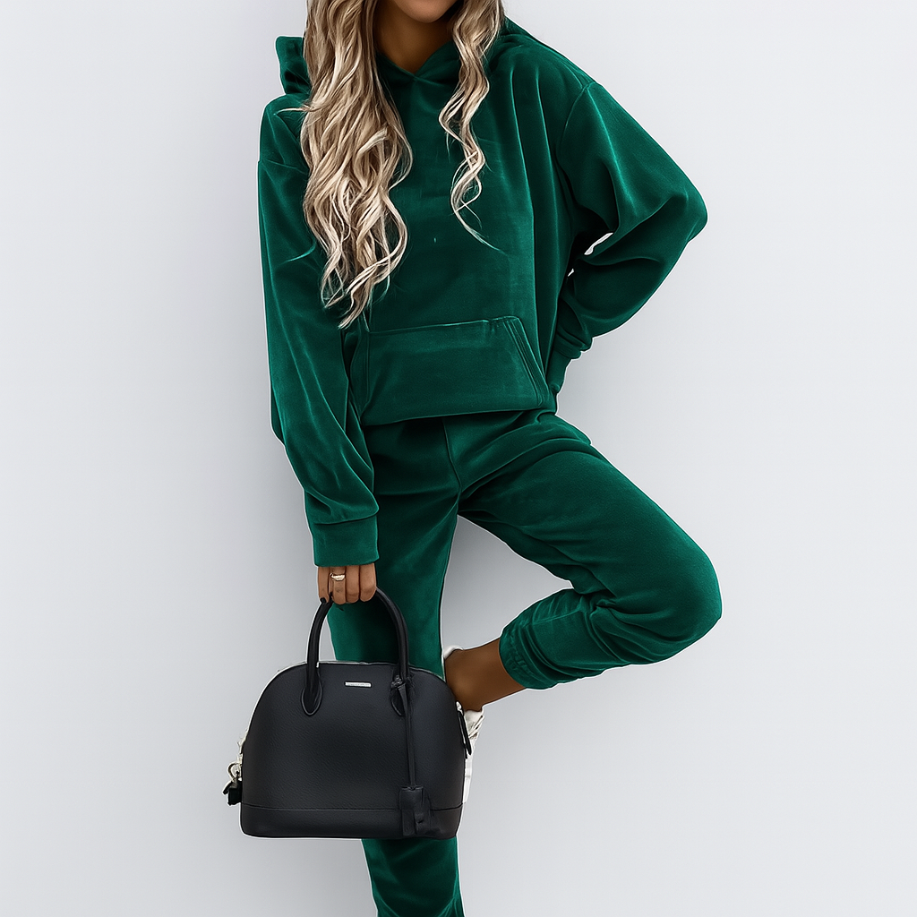 Dame 2-delt fritidsdragt – ensfarvet hættetrøje med kængurulomme og slim fit joggingbukser