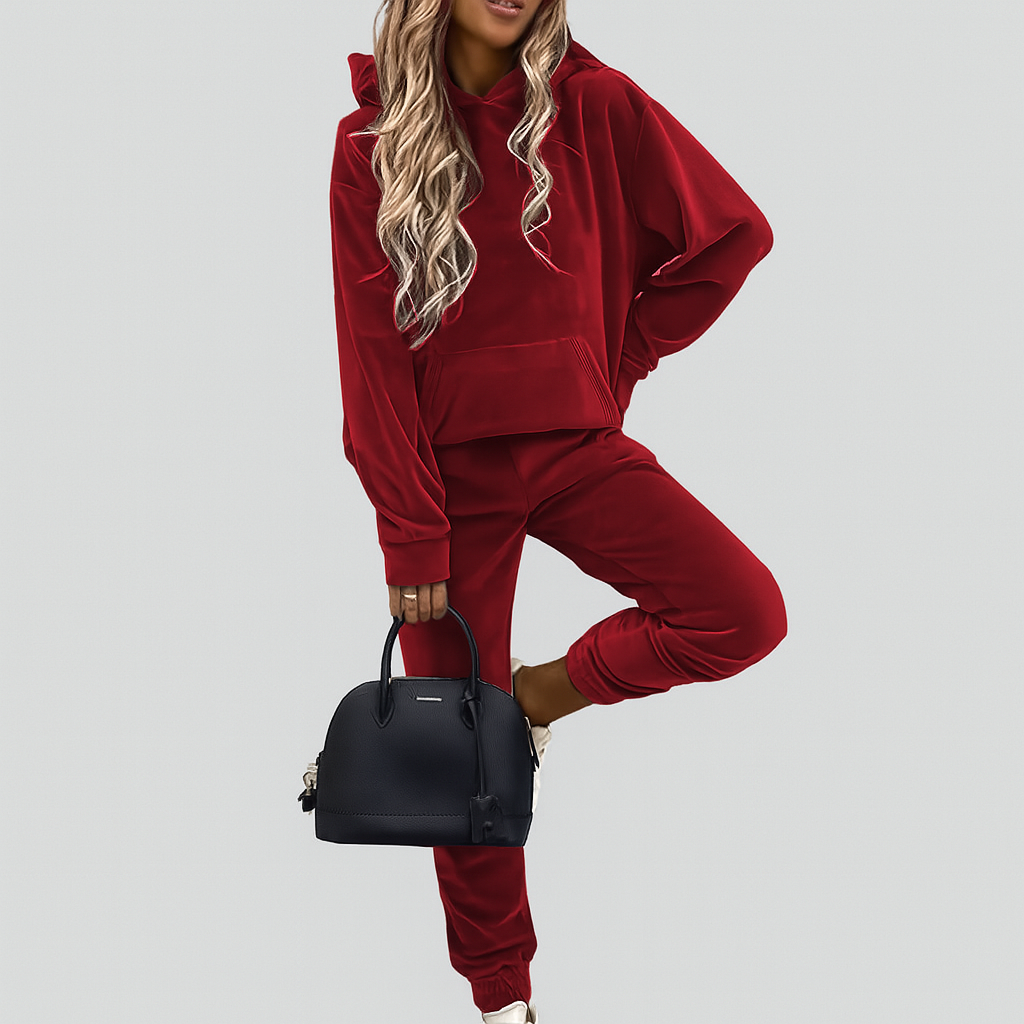 Dame 2-delt fritidsdragt – ensfarvet hættetrøje med kængurulomme og slim fit joggingbukser