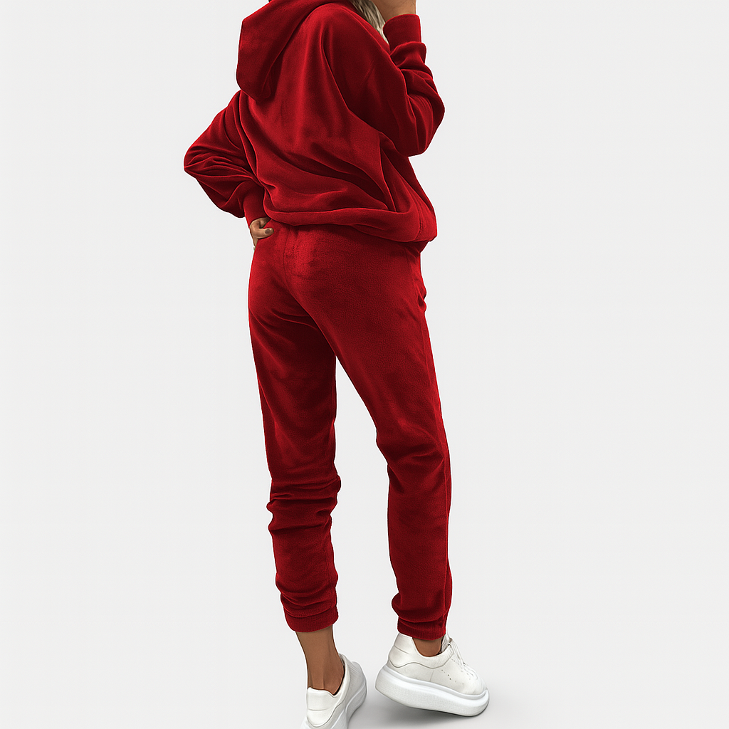 Dame 2-delt fritidsdragt – ensfarvet hættetrøje med kængurulomme og slim fit joggingbukser