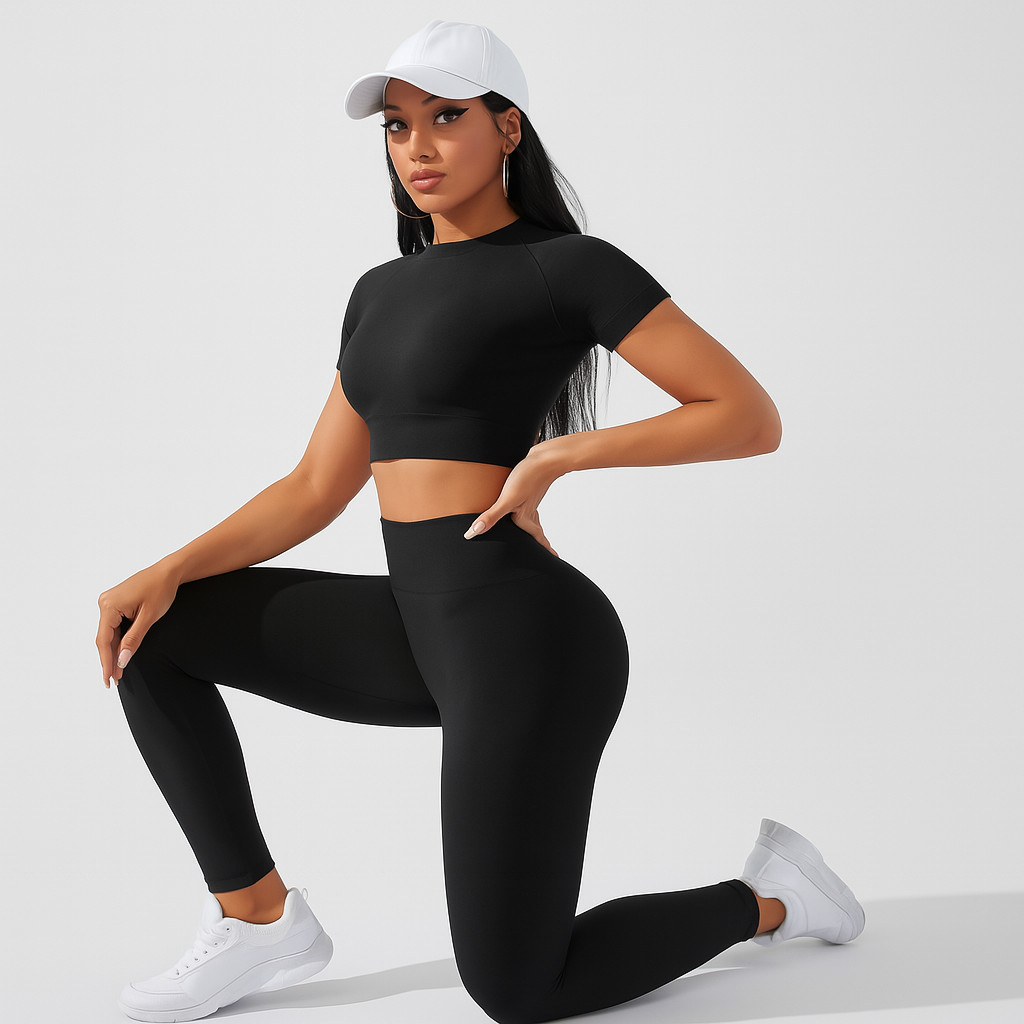 2-delt sportssæt til kvinder – kortærmet top og højtaljede leggings til yoga og pilates