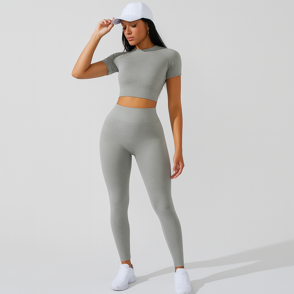2-delt sportssæt til kvinder – kortærmet top og højtaljede leggings til yoga og pilates