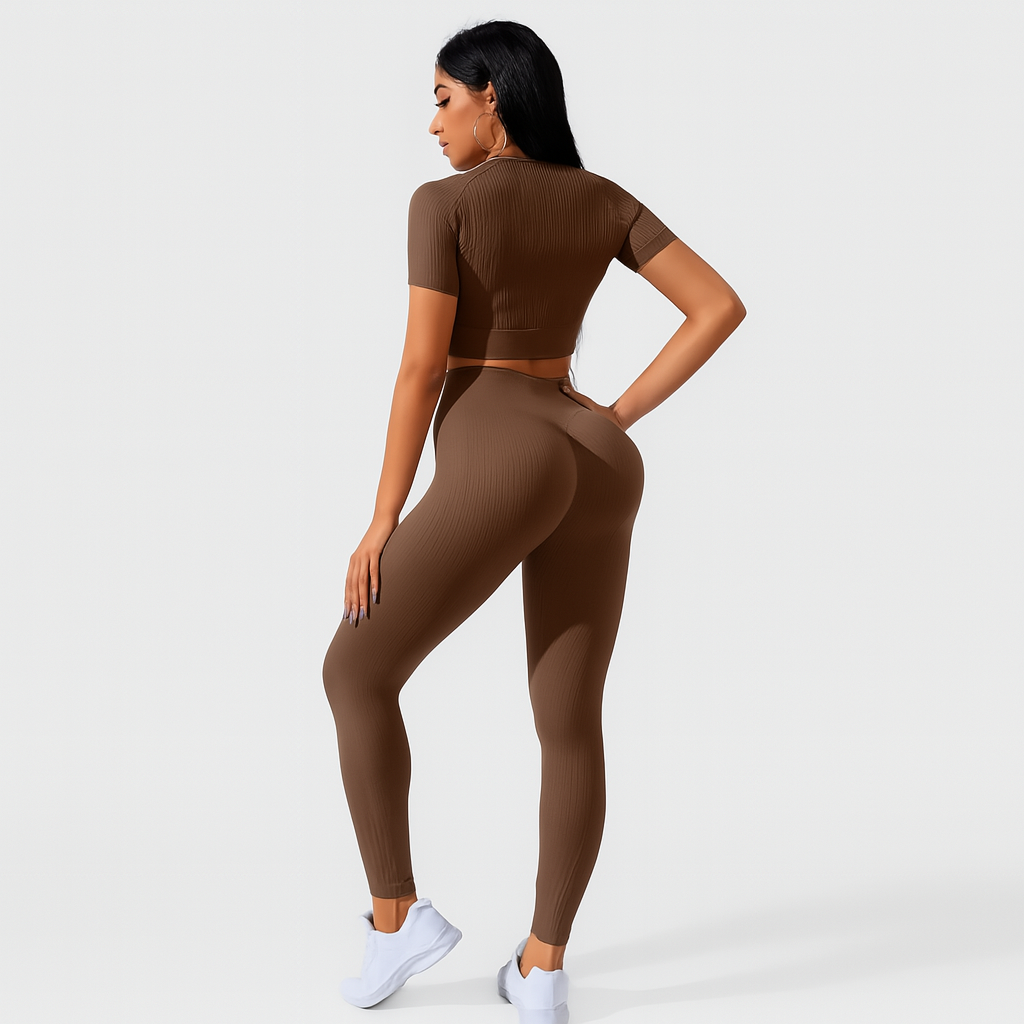 2-delt sportssæt til kvinder – kortærmet top og højtaljede leggings til yoga og pilates