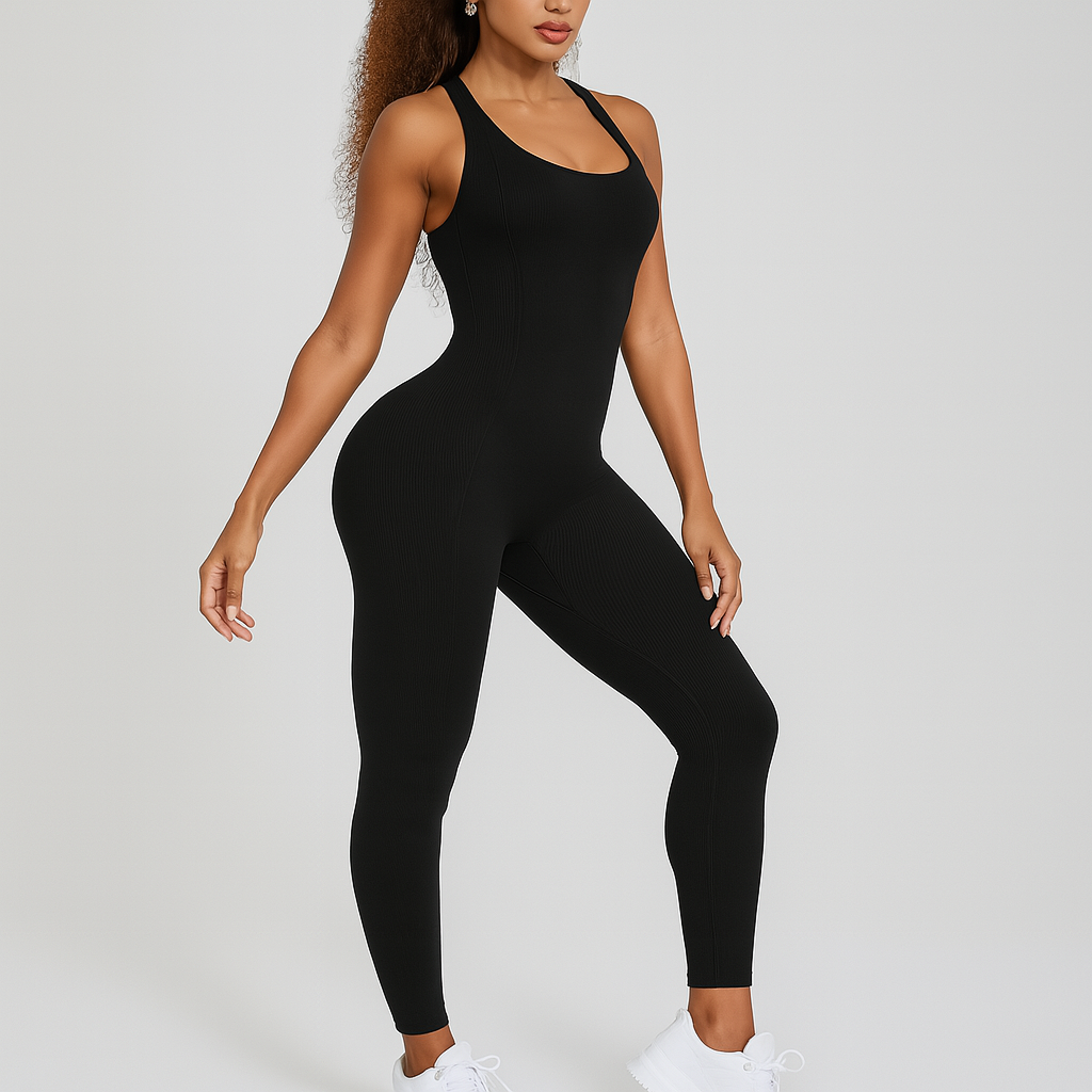 Vella – Yoga- og pilatesjumpsuit til kvinder med høj stretch og rygløs design